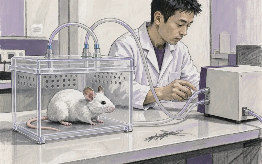 A mouse in a clear metabolic chamber connected to gas-analysis tubing.