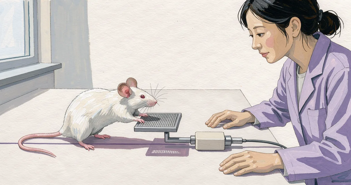 A technician watches a white mouse at a small mesh grip and force sensor.