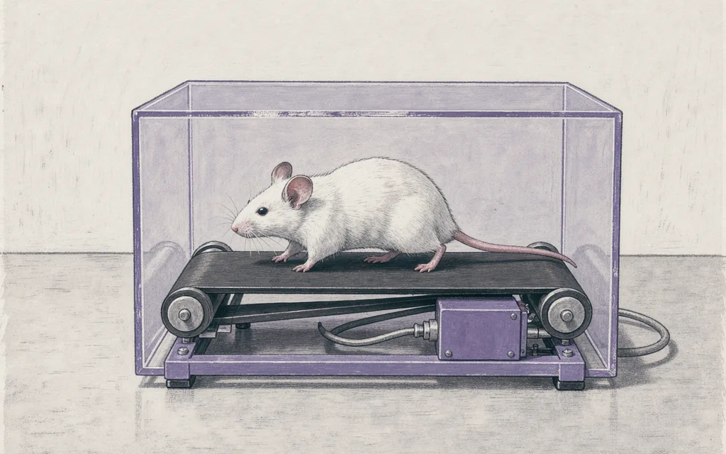 A white mouse walks on a small enclosed laboratory treadmill.