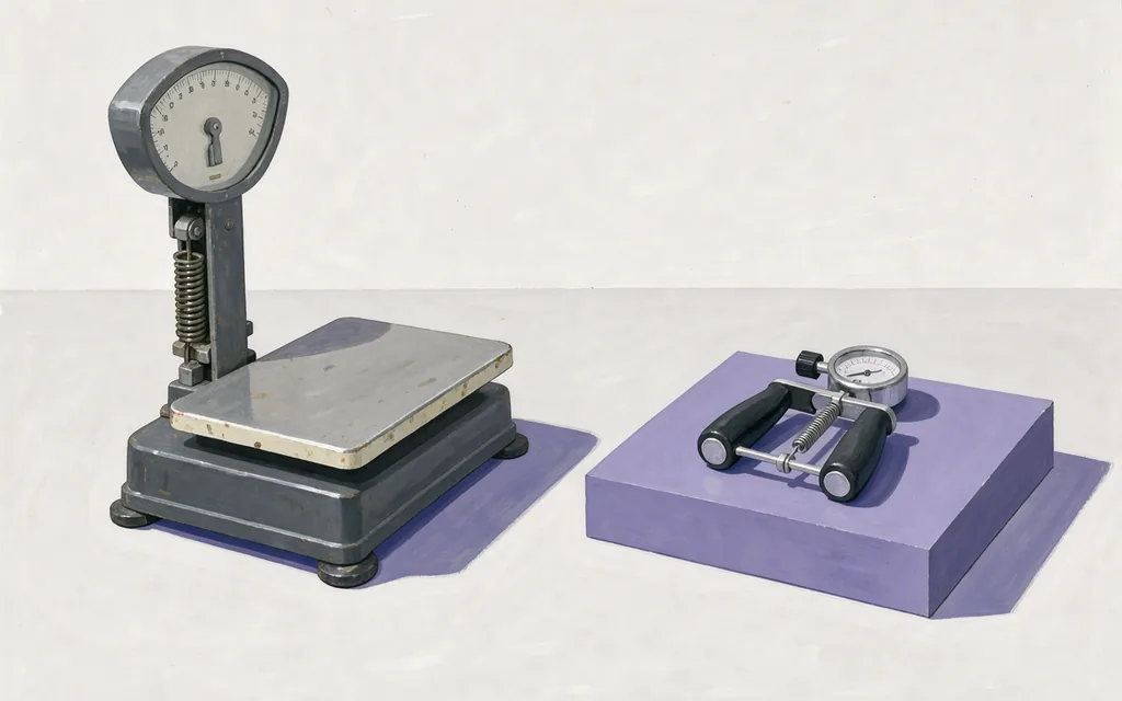 A mechanical platform scale stands beside a handgrip dynamometer on a pale floor.